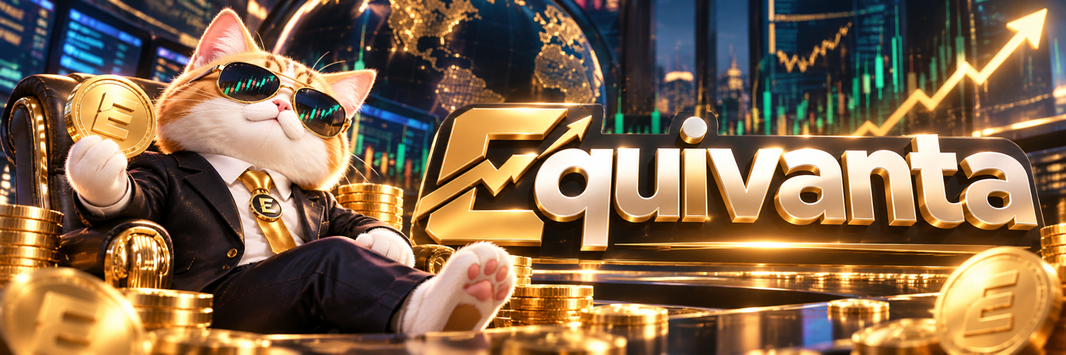 Equivanta executive cat mascot beside the metallic gold Equivanta wordmark and market graphics